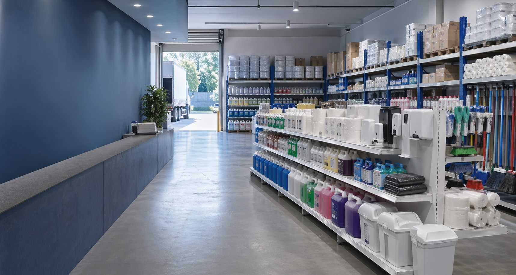 Estoque organizado com produtos e equipamentos de limpeza para distribuição